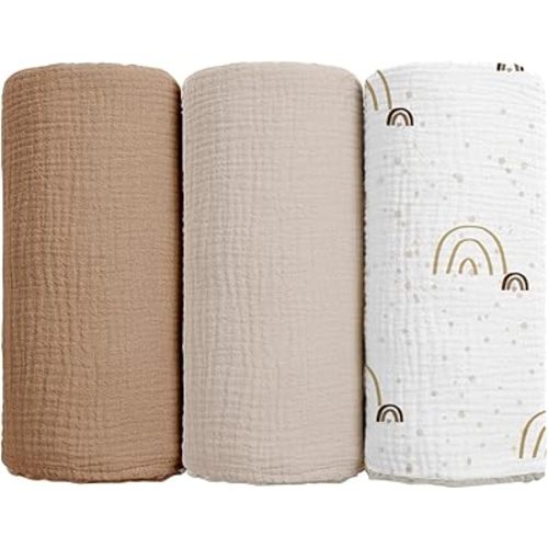 lulumoon Muslin Swaddle Blanket + Muslin Swaddle Blanket Rainbow Brown 3pack