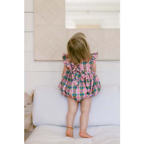 Green and Pink Floral Smocked Bubble I Poppy Kids Co