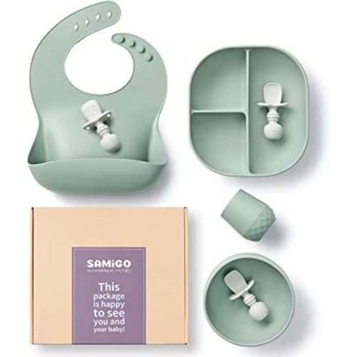 Silicone Baby Feeding Set, Baby Led Weaning Supplies, Suction Plate, Bowl, Spoons, Food Bib, Cup, First Stage Self Eating Utensils, 6+ Months