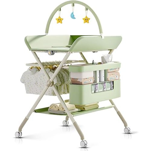 Foldable Portable Changing Table for Baby,Upgraded Style Baby Portable Diaper Changing Station with Wheels,Nursery Five Level Adjustable Height Changing Table with Organizer Storage(Green)