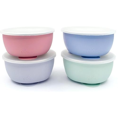 Elk and Friends Stainless Steel Bowls with Silicone Sleeve for Babies & Toddlers | Lids Included | Stay Put Suction | Cereal & Snack Bowls | 3 Pack - Blush/Sage/MistyBlue Sleeve Suction Base