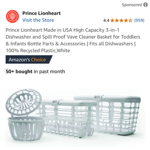 Prince Lionheart Made in USA High Capacity 3-in-1 Dishwasher and Spill Proof Vave Cleaner Basket for Toddlers & Infants Bottle Parts & Accessories | Fits all Dishwashers | 100% Recycled Plastic,White