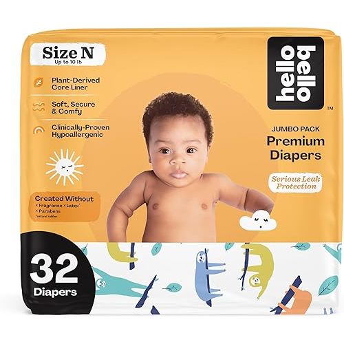 Hello Bello Premium Baby Diapers Size Newborn, 32 Count of Disposable, Extra-Absorbent, Hypoallergenic Baby Diapers with Snug and Comfort Fit, Sleepy Sloth