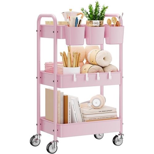 YASONIC 3-Tier Metal Rolling Cart, Heavy Duty Utility Cart with Lockable Wheels, Hanging Cups, Hooks, Mesh Rolling Storage Cart Craft Organizer, Lightweight and Sturdy, Pink