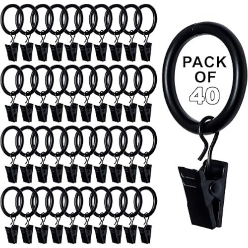 Black Curtain Rings with Clips 1 Inch Set of 40 Heavy Duty Curtain Hooks for Drapes, Caps, Pictures - fits on Rod Diameter Upto 0.95Inch/24mm… (Black, 1" Inch - 40 Pack)