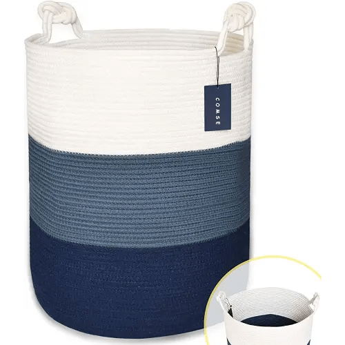 COMSE Extra Large Blanket Basket, High Storage Basket, Tall Rope Laundry Basket, 15.7”x 21.7”, Cotton Rope Basket, XXXL Laundry Basket, Toy Basket, Clothes Baskets,White/Cadet Blue/Navy Blue