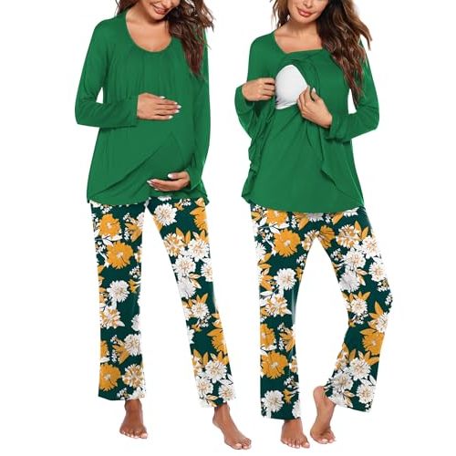 Ekouaer Maternity Nursing Pajama Set Long Sleeve Top & Pants with Pockets Breastfeeding Sleepwear Double Layer Pregnancy