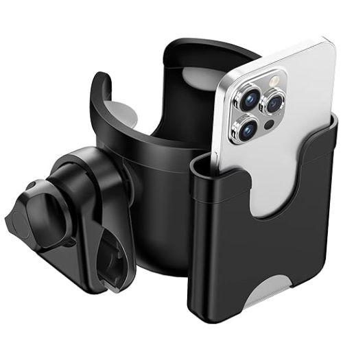 Guiseapue Stroller Cup Holder with Phone Holder, Bottle Holder for Wheelchair, Walker, Bike, Stroller Accessories for Uppababy, Nuna, Doona, Gifts for Her, Him, Kids - Black