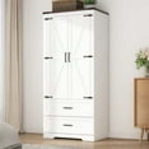 ChVans 2 Door Farmhouse Armoire Wardrobe Closet With 2 Drawers, 70"Tall Wooden Wardrobe Cabinet with Hanging Rod and Adjustable Shelves for Bedroom, White-Brown