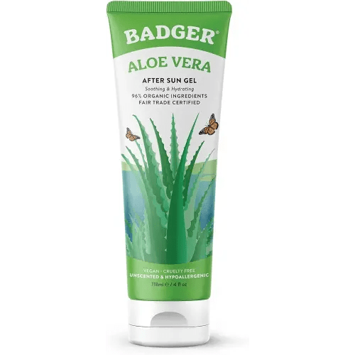 Badger Aloe Vera Gel for Sunburn Relief, Fair Trade & Organic After Sun Care, Pure Cooling Soothing Aloe Vera Gel for Face & Skin, Hypoallergenic & Unscented, 4 fl oz