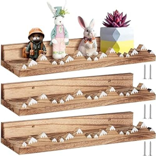 Wenqik 3 Pcs Snow Mountain Floating Shelves Wood Nursery Book Shelves Nursery Floating Shelves Wall Mounted Rustic Wooden Picture Ledge Shelf Floating Book Shelves for Kids Room (Light Brown)