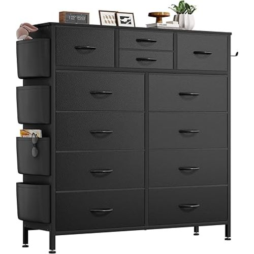 Dresser for Bedroom with 12 Drawers, Chest of Drawers with Side Pockets and Hooks, PU Fabric Dresser Drawers for Living Room, Hallway, Entryway (Black)