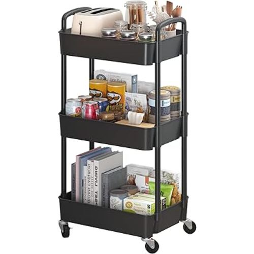 Sywhitta 3-Tier Plastic Rolling Utility Cart with Handle, Multi-Functional Storage Trolley for Office, Living Room, Kitchen, Movable Storage Organizer with Wheels, Black