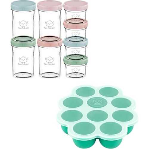 Keababies 4pk 8oz & 4pk 4oz Glass Baby Food Containers and Silicone Baby Food Freezer Tray with Clip-on Lid - Leak-Proof, Microwavable Small Baby Glass Jars with Lids - Baby Food Silicone Freezer Mold