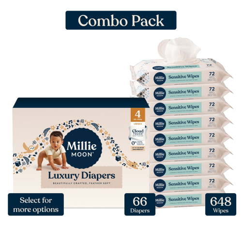 Millie Moon Luxury Diapers, Size 4, 66 Count, and Millie Moon Sensitive Baby Wipes, 9 Pack, 648 Wipes (Select for More Options)