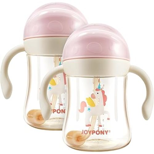 Sippy Cups for Toddlers 1-3, Spill Proof Weighted Straw Cup with Handle for Baby 6 Months + old, 2 Pack, Total 4 Silicone Straws, PPSU, BPA Free, 9 oz (Pink)