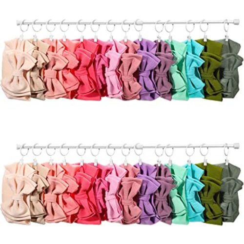 Ferraycle Wall Hanging Bow Holder with Hooks Hair Bow Holder Organizer for Girls Hanger Headband Storage Organizer Include Metal 16 to 23.6 Inch Rods Wall Hooks(White,46 Pcs)