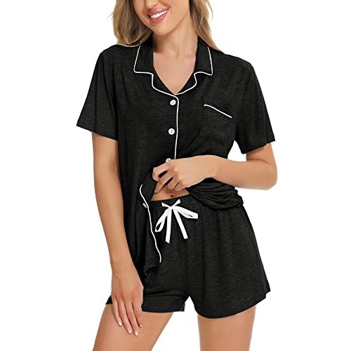 SWOMOG Womens Button Down Pajamas Set Short Sleeve Sleepwear Bride Soft Pj Lounge Sets XS-3XL