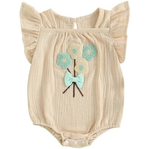 Newborn Baby Girl Cotton Linen Romper Flower Embroidery Flying Sleeve Bodysuit Smocked Summer Clothes