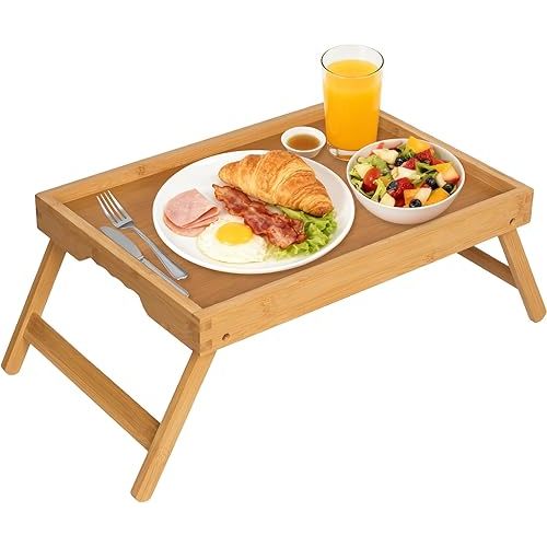 Artmeer Bed Tray Table with Folding Legs,Bamboo Breakfast in Bed for TV Table, Laptop Computer Tray,Eating,Snack Tray(Bamboo) Large Size