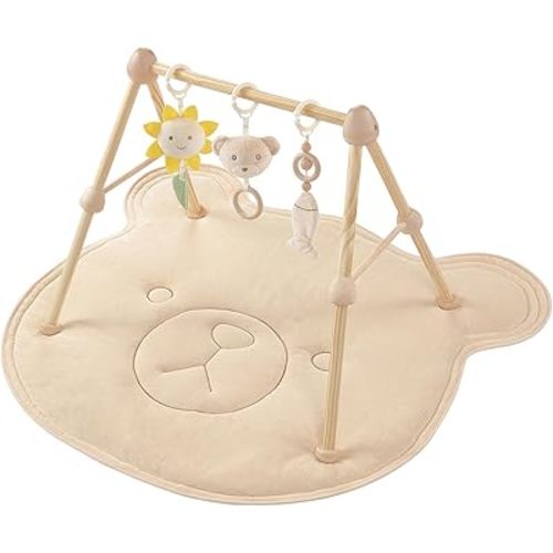 Wooden Baby Gym Cotton Play Mat, 4-in-1 Super Soft Infant Activity Tummy Time Playmat for 0 to 3 6 9 12 36 Months Babies, Removable Toys for Sensory & Motor Skill Development, Bear