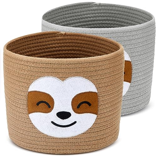 Kigeli 2 Pcs Small Sloth Baskets Baby Basket with Cute Sloth Design, Sloth Cotton Rope Woven Baskets for Baby Diaper Organizer Baby Clothes Hamper Nursery Room Diaper, Blankets, Toy, 9.84 x 7.87