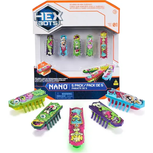HEX BOTS Nano 5 Pack, 4 Mini Bots with Bonus Flash Bot, Sensory Toy for Kids & Cats, Vibration Technology, Mini Robot Toy for Kids 3 & Up