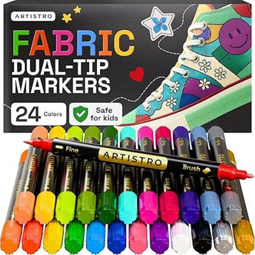ARTISTRO 24 Dual-Tip Fabric Markers - Fabric Decorating Kit - Permanent for Clothes - Acrylic Paint Pens for Sneakers, Bags, Shoes, Textile, Canvas, Sewing, Craft, DIY - Brush and Fine Tip