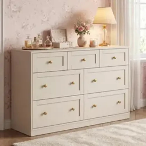 RoyalCraft 7 Drawer Dresser,3 Drawer Nightstand with Golden Round Knobs, Large Bedside Table, Modern Wood End Table, Accent Side Table Chest of Drawers for Bedroom, Living Room, Hallway, Closet, White - TikTok Shop