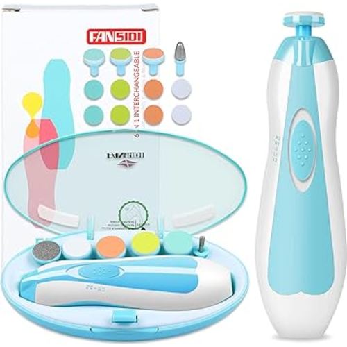 Baby Nail Trimmer Electric, FANSIDI Baby Nail Clippers Safe Baby Nail File Kit with Extra 12 Replacement Pads, Trim Polish Grooming Kit for Newborn Infant Toddler or Adults Toes Fingernails Care, Blue