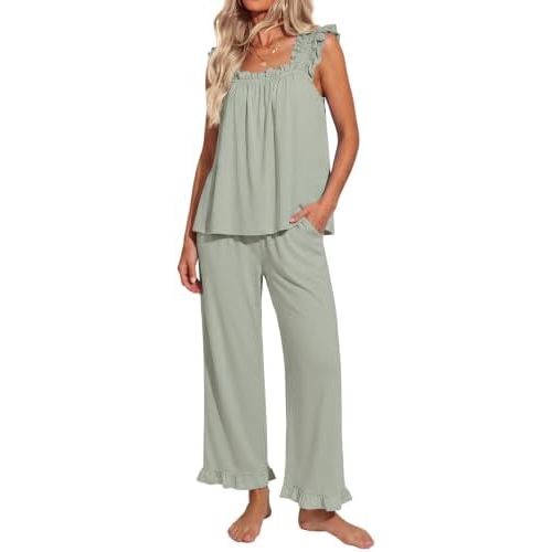 Ekouaer Pajamas for Women Set 2 Piece Ruffle Pjs Soft Sleeveless Tank Top and Pants Sleepwear Bridal Casual Loungewear