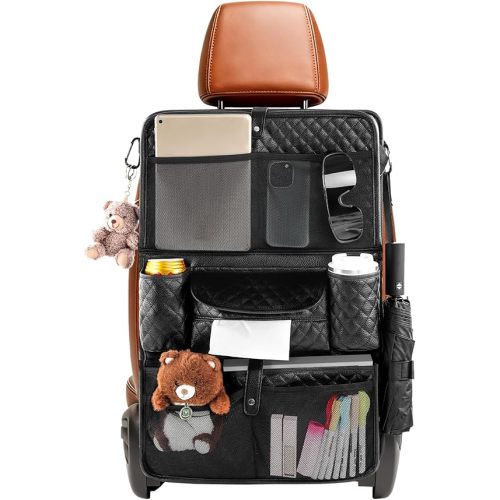 Car Seat Organizer with Foldable Table Tray - 11 Storage Pockets PU Leather Backseat Organizer with Tablet Holder, Seat Back Protector Kick Mat for Kids Family Road Trip Accessories (Black)