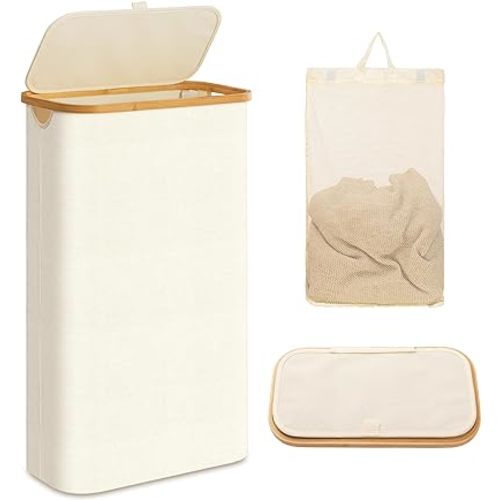 UBBCARE Laundry Hamper with Lid, 60L Slim Laundry Hamper with Removable Bag, Collapsible Dirty Clothes Basket for Bedroom, Bathroom, Laundry Room, Dorm, Beige