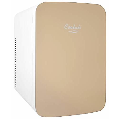 Cooluli 15L Mini Fridge for Bedroom - Car, Office Desk & College Dorm Room - 12v Portable Cooler & Warmer for Food, Drinks, Skincare, Beauty & Makeup - AC/DC Small Refrigerator with Glass Front, Gold