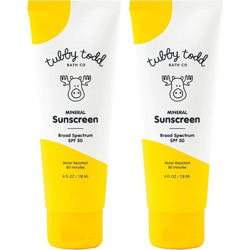 TUBBY TODD Mineral Sunscreen SPF 50 - Broad Spectrum Sunscreen Lotion for Kids - Water-Resistant for 80 Minutes - Safe for Sensitive Skin - Non-Greasy Feel - 2 Pack, 4 Fl Oz