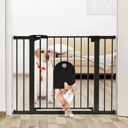 Babelio Auto Close Baby Gate with Small Cat Door, 29-43" Metal Cat Gate for Doorway, Stairs, House, Easy Walk Thru Dog Gate with pet Door, includes 4 Wall Cups and 3 Extension Pieces, Black