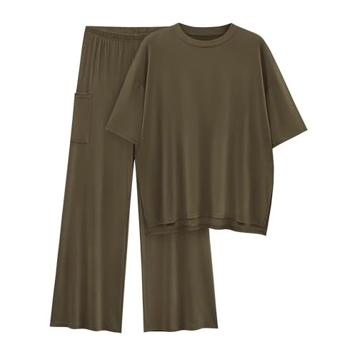 KIRUNDO Womens 2 Piece Outfits 2025 Summer Casual Loose Short Sleeve Pullover Tops & Wide Leg Pants Lounge Sets Tracksuit