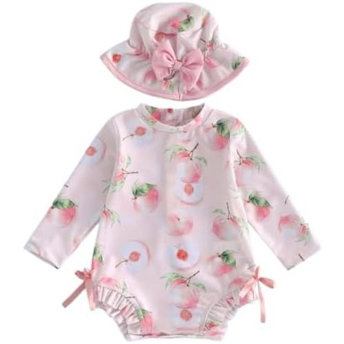 fhutpw Baby Girl Swimsuit One Piece Fruit Printed Long Sleeve Rash Guard with Hat Infant Toddler Beach Bathing Suit