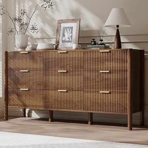 CHUWELL 63" Fluted Walnut 9 Drawer Dresser for Bedroom with Solid Wood Legs
