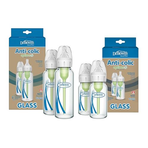 Dr. Brown's Natural Flow Anti-Colic Options+ Narrow Glass Baby Bottles, Made in The USA, BPA Free, 8oz and 4oz, 0m+, 4-Pack
