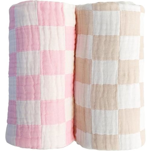 Ultra Soft Checkered Muslin Baby Blanket Pack of 2 Cotton Muslin Swaddles Blankets for Babies and Toddlers Girls Newborn 42 x 42 inches Cream and Pink