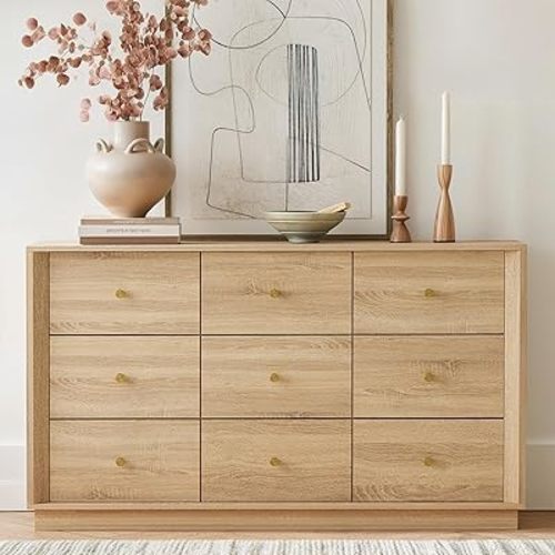 9 Drawer Dresser, Mid Century Modern Dresser with Storage, 55" Wide Chest of Drawers with Wood Grain Texture, Drawers Organizer for Bedroom, Living Room, Hallway, Oak
