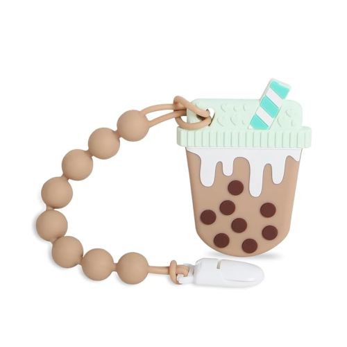 Baby Teething Toys,Food Grade Silicone Teether with One-Piece Pacifier Clip Holder,Shower Gift,Highly Effective Pain Relief for 3 Months+ Boy and Girl,BPA Free,Freezer Safe. (Bubble Tea Cup)