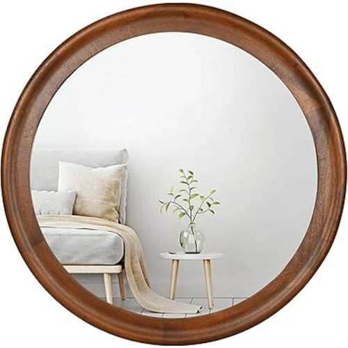 CULER Round Wall Mirrors 24 Inch,Wood Rustic Decorative Transitional Mirror with Walnut Frame for Wall,Farmhouse Hanging Vanity Mirror for Bathroom Bedroom Living Room or Entryway（Walnut Brown）