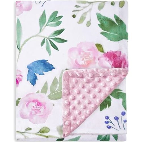 HOMRITAR Baby Blanket for Girls Super Soft Double Layer Minky with Dotted Backing, Receiving Blanket with Pink Floral Multicolor Printed Blanket 30 x 40 Inch(75x100cm)