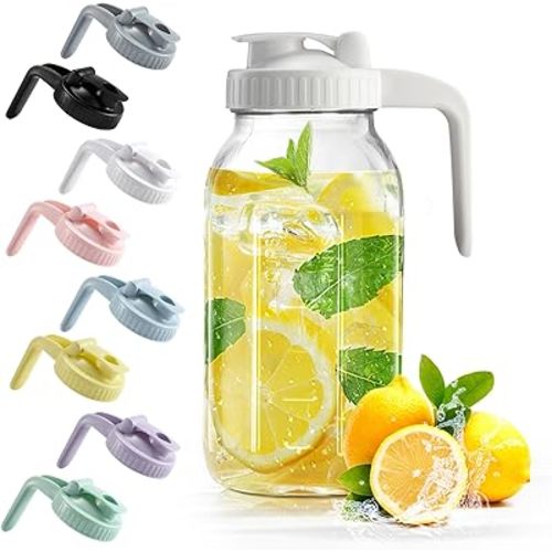 Mason Jar with Pour Spout Lid V-shaped, 2 Quart Iced Tea Pitcher Double Leak Proof, 64 oz Drink Pitcher for Breastmilk, Sun Tea, Juice, Coffee Creamer, Formula Pitcher