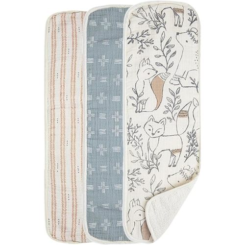 Crane Baby Muslin Burp Cloths Set, Woodland Animals, Gender Neutral Baby Gift, Absorbent Cotton Terry Backing, Machine Washable, 7" X 20"