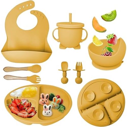 Silicone Baby Feeding Set, Baby Led Weaning Supplies with Suction Bowl Divided Plate, Toddler Self Feeding Dish Set with Spoons Forks Sippy Cup Adjustable Bib, Baby Eating Utensils-Ginger Yellow