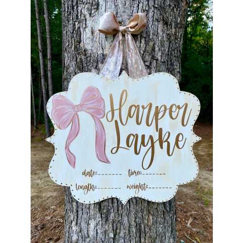 Coquette, Bow, Simple, Door Hanger, Hospital Announcement, Baby, Girl, Pink, Gold, Nursery