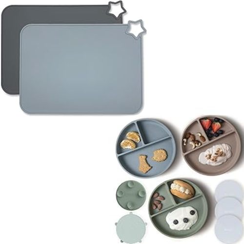 Moonkie Silicone Placemats & Suction Plates Set | Non-Slip Stain Resistant Baby Mats & BPA-Free Divided Toddler Plates with Lids | Microwave & Dishwasher Safe | Feeding Essentials for Kids & Toddlers,